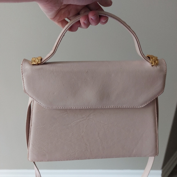 Vintage blush baby pink leather top handle crossbody bag with gold hardware - Picture 1 of 13